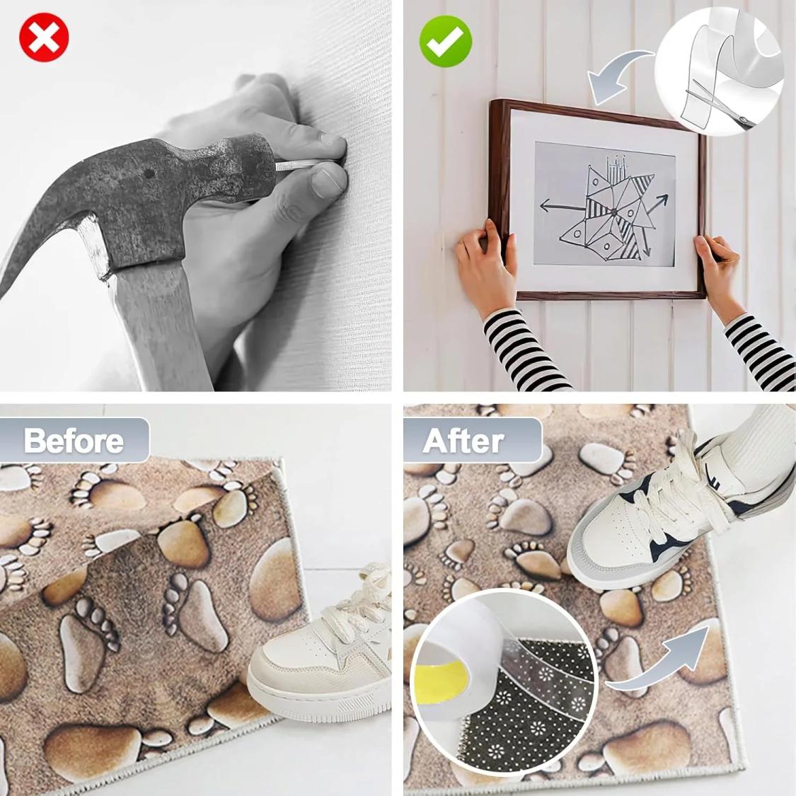 Ultra-strong Double Sided Adhesive Nano Tape Heavy Duty Transparent Reusable  Tapes Heat Resistance for Bathroom Home Decoration  Picture Hanging Picture Hanging 10.5FT Traceless Magic Tape