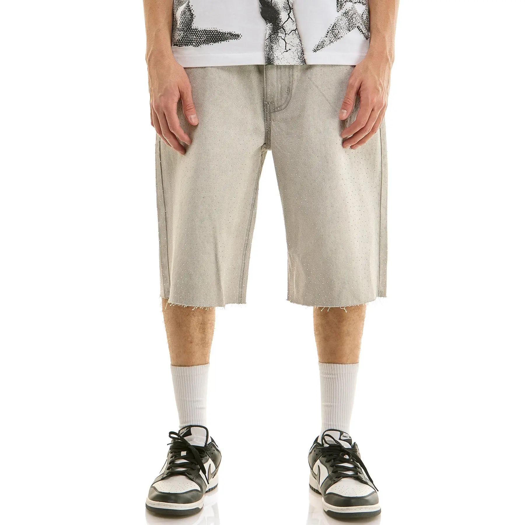 KND4964S Grey | KDNK Rhinestone Denim Shorts