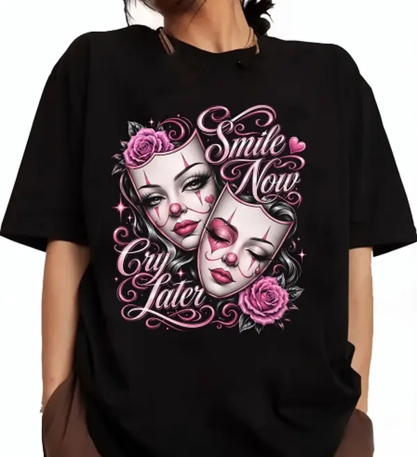 [100% Cotton] Minimalist Graphic T-Shirt - Chicano Chicana Lowrider Art, Smile Now Cry Later Rose Mask Dreams Design, Unisex Medium-Heavy Sweatshirt, Street Style Vibe, S-5XL Sports Top for Men & Women