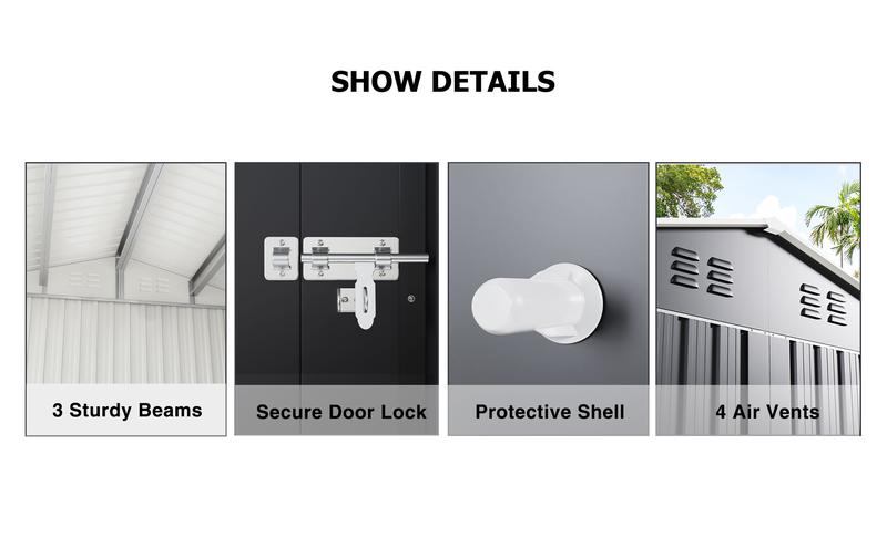 Outdoor Storage Shed - A Weatherproof Metal Utility Shed equipped with a Door and Ramp Access, Perfect for Exterior Applications in Gardens, Backyards, and Patio Areas.