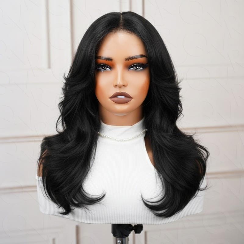 26 Inch Layered Long Lace Front Straight Wigs for Women, Natural Looking Wig with Curtain Bangs