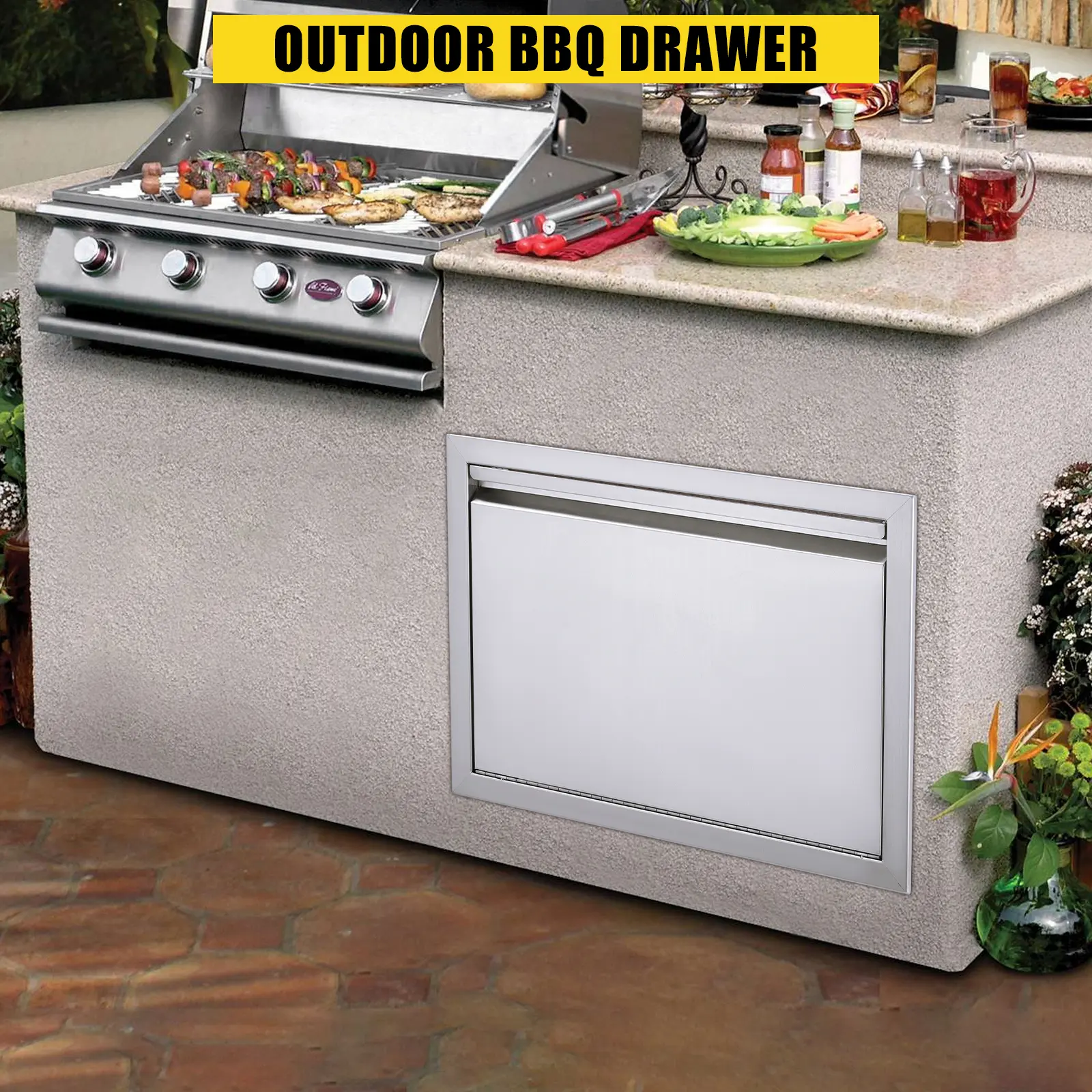 Brushed SS Outdoor Kitchen Access Door for Barbecue Island & Kitchen Cabinets, 17in W x 24in H Left-Opening, 5-Ply Corrugated Construction, Metal Handle, Vent Panel, Locking Mechanism, Easy Installation, Modern Style, Durable