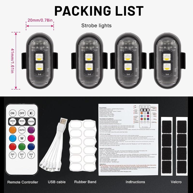 6PCS Wireless Led Strobe Lights with Remote Control 8 Colors USB Rechargeable Waterproof Emergency Lights Rock Light Flashing Light for Car Motorcycle Aircraft Scooter Truck Drone Vehicle