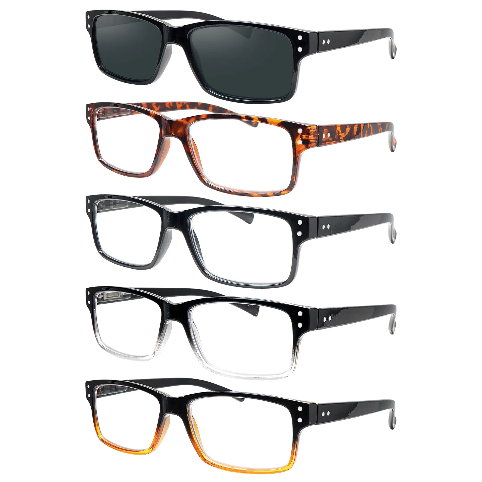 Unisex 5-Pack Lightweight Anti-Blue Light Reading Eyewear for Presbyopia - Rectangular Plastic Frames, Sturdy Spring Hinge, Eye Strain Relief, Pouch Storage, Ideal for Daily Commuting & Reading