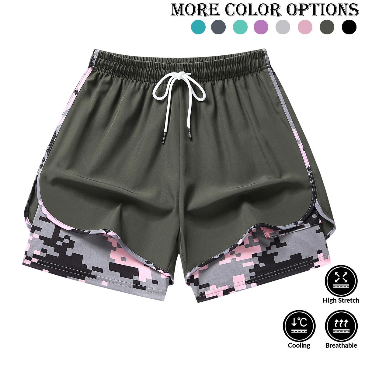 Women’s summer casual athletic shorts featuring a two-piece layered design with camouflage print, suitable for running and everyday workouts