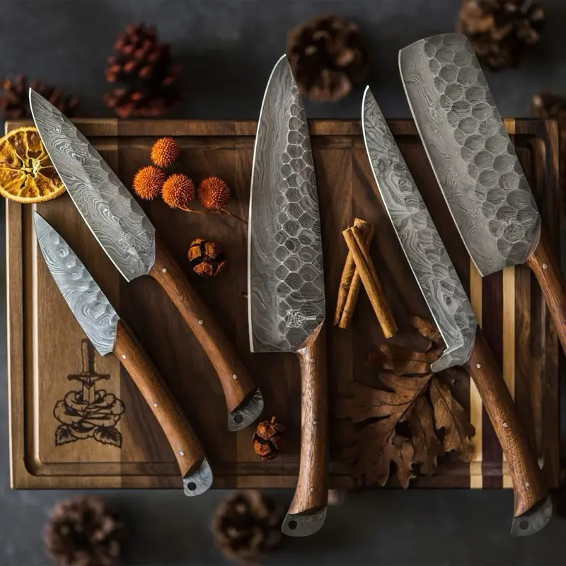 5 pcs handmade kitchen knife set with leather cover perfect Mother’s Day gift