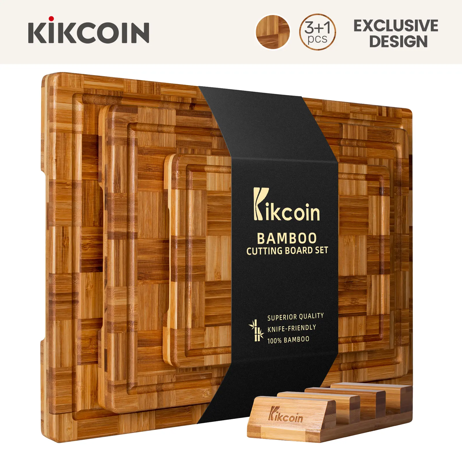 [SummerWins]Kikcoin End Grain 3PCS Cutting Boards with Holder,Extra Large natural Wooden Butcher Block,Charcuterie Cheese Serving Tray,Handles & Juice Groove,Checkered,Christmas gifts