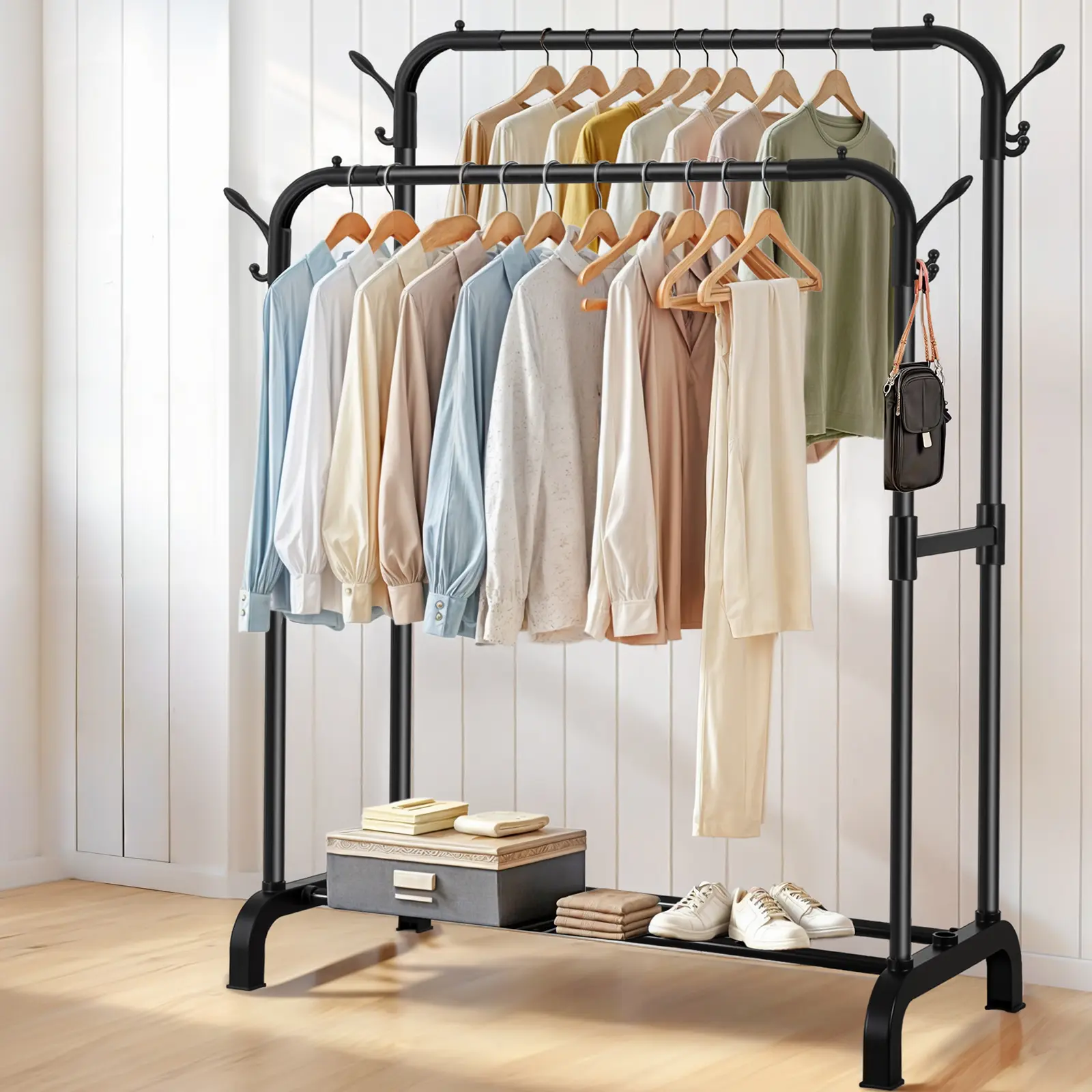 Freestanding Durable Metal Garment Rack with Double Rods, Shelves, and Hooks, Heavy-Duty Closet Solution for Bedroom Garment Hanging, Freestanding Garment Rack