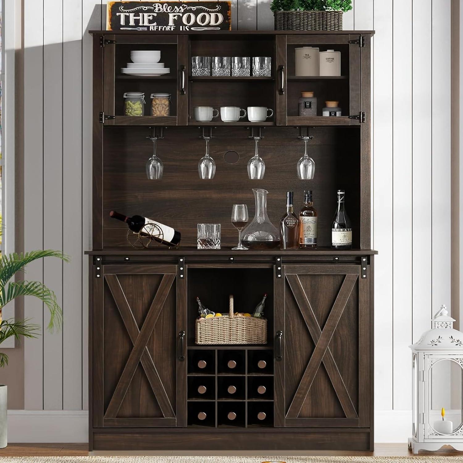 HOMBCK Farmhouse Coffee Bar Cabinet, 47'' Kitchen Bar Cabinet with Sliding Barn Door, Wooden Buffet /Wine Bar Cabinet Organizerwith Open Storage Shelf