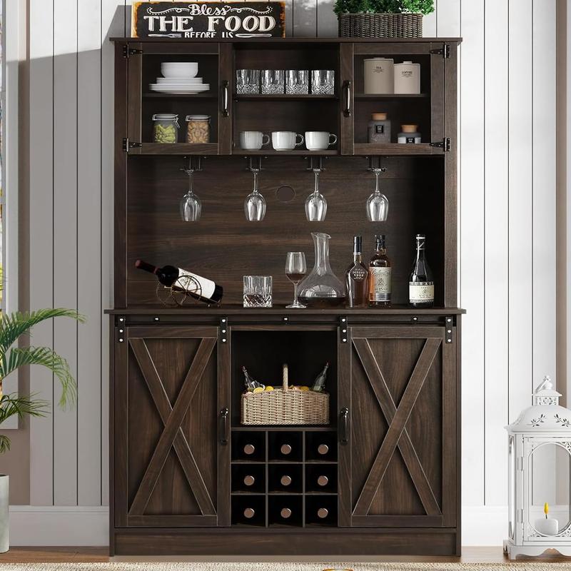 HOMBCK Farmhouse Coffee Bar Cabinet, 47'' Kitchen Bar Cabinet with Sliding Barn Door, Wooden Buffet /Wine Bar Cabinet Organizerwith Open Storage Shelf