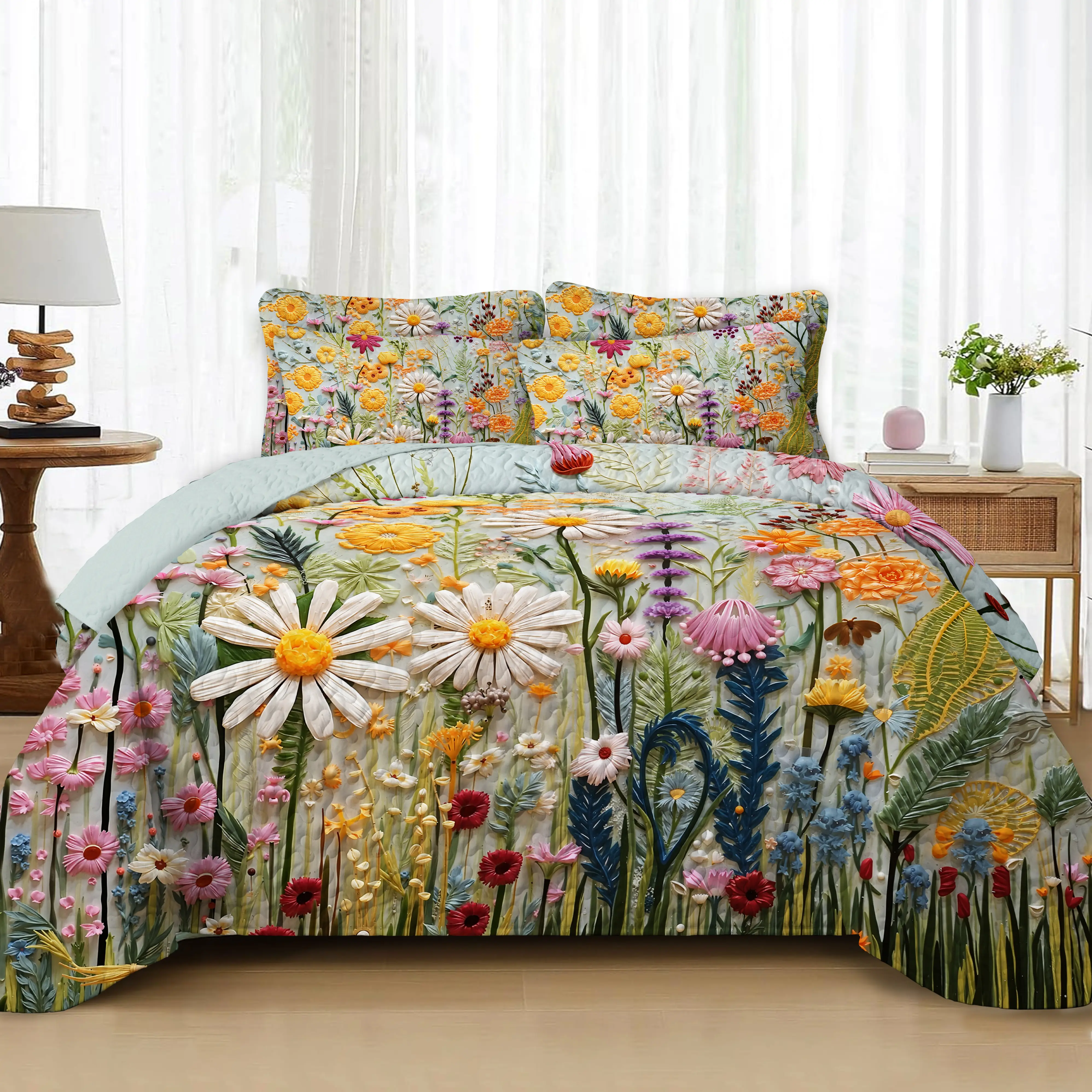 Boho Bedding Set - Bohemian Lightweight Quilted Thin Quilt, Chrysanthemum-Print Bedspread, Soft Comfortable All-Season Bedding (King/Queen Size with 2 Pillowcases; Twin Size with 1 Pillowcase), Bedding Sets