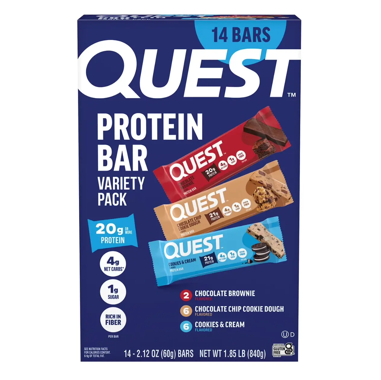Quest Protein Bar Chocolate Chip Cookie Dough, Cookies & Cream and Chocolate Brownie 14 count