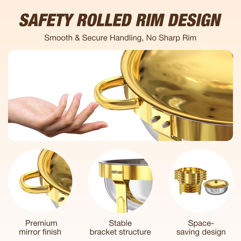 WARMOUNTS 5QT Gold Chafing Dishes for Buffet with Glass Lid, Round Stainless Steel Chafers and Buffet Warmers Sets with Lid Holder, Rolled Rim Design, for Catering Events, Parties, Weddings (2/4/6Pack)