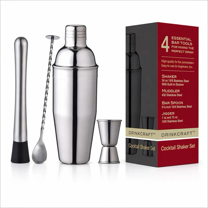 DRINKCRAFT Cocktail Shaker Set: 24 oz Stainless Steel with Built-in Strainer Muddler Spoon & Double-Jigger - 4 Essential Bar Tools for Perfect Drinks