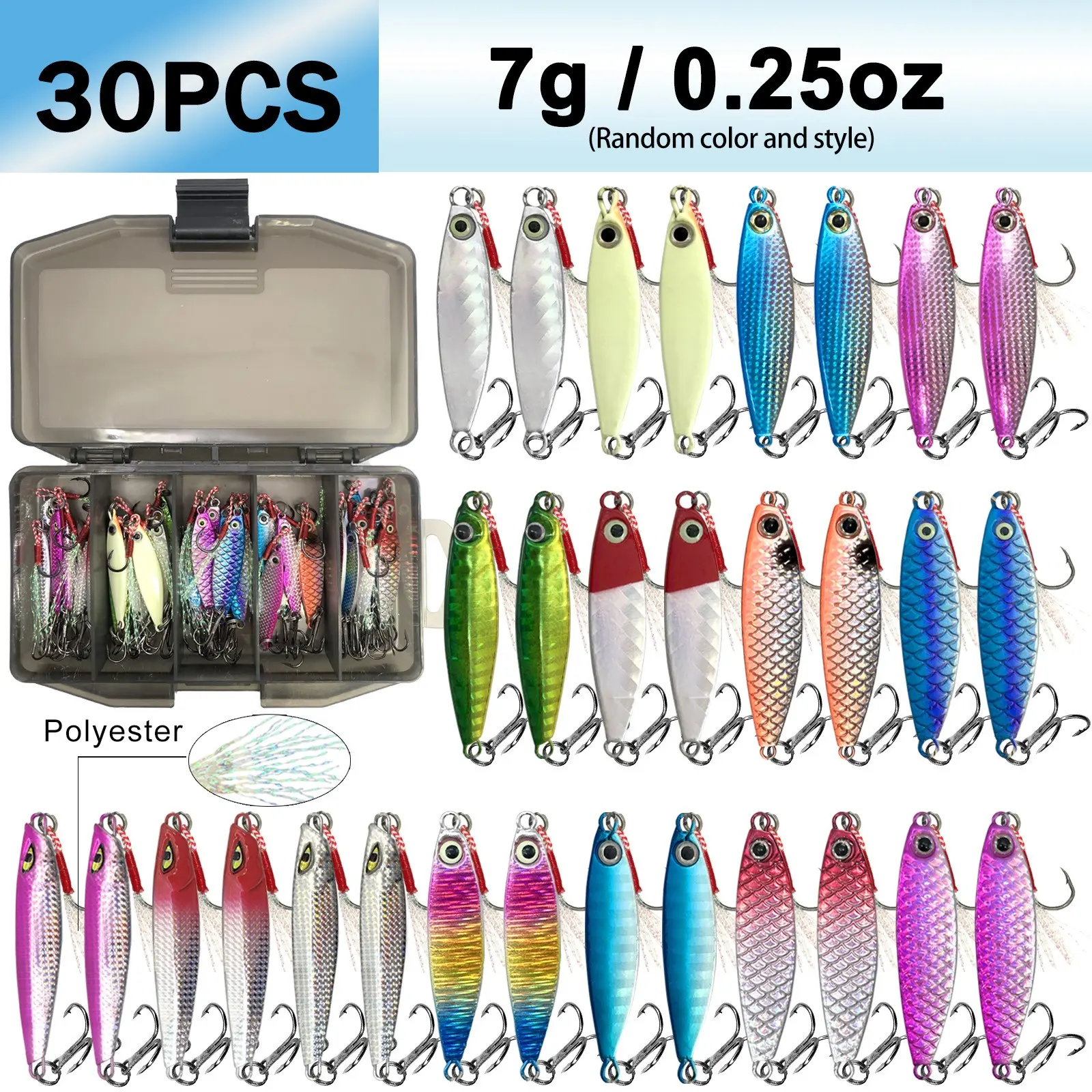 30pcs Double Hook Metal Jigs, 5 Sizes 7g/10g/15g/20g/30g, Metal Casting Clip Lures, Multi Species Lure, Suitable for Saltwater and Freshwater Fishing, Fishing Tackle Kit, Artificial Fishing Lures, Fishing Gear and Equipment
