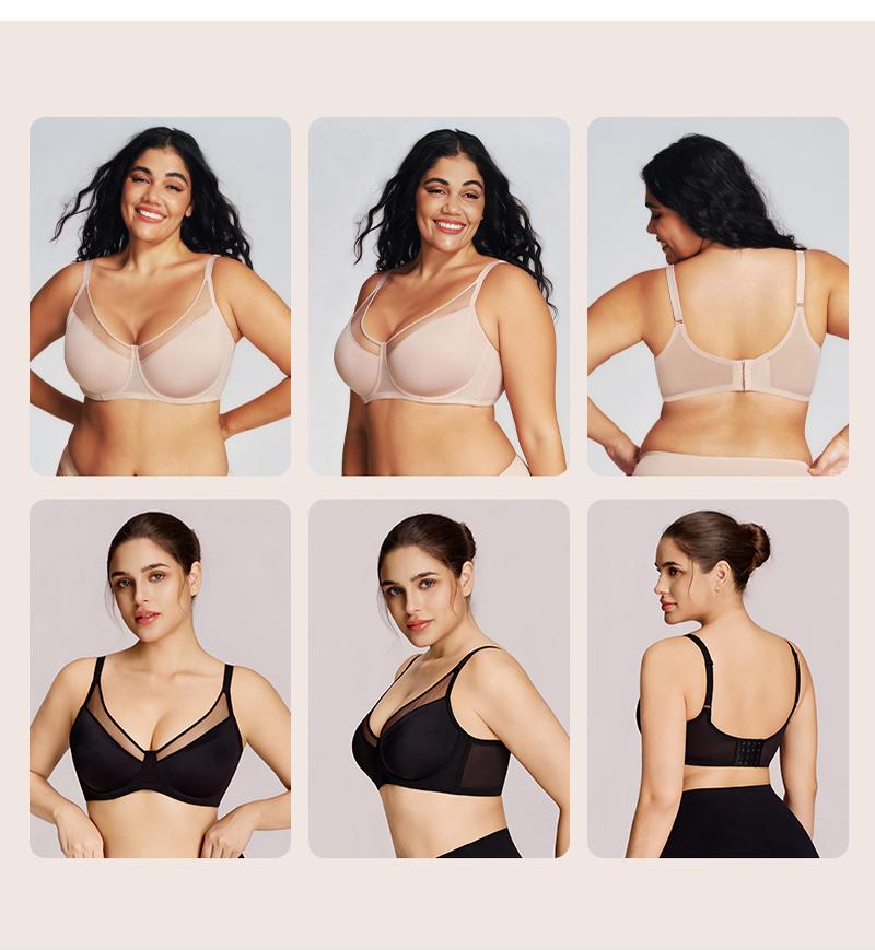 Lilylove Unlined Breathable Mesh Minimizer Full Coverage Non-padded Underwire Comfortable Fit Adjustable Straps  V Neck Plus Size T-shirt Bra for Big Busted Women B-DDD