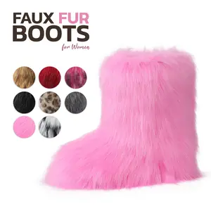 VIMISAOI Faux Fur Boots for Womens Round Toe Mid Calf Boot Pull On Flat Heel Fluffy Warm Fuzzy Faux Fur Shoes Snow Cozy Comfortable Outdoor Womens Boots Valentine Shoes