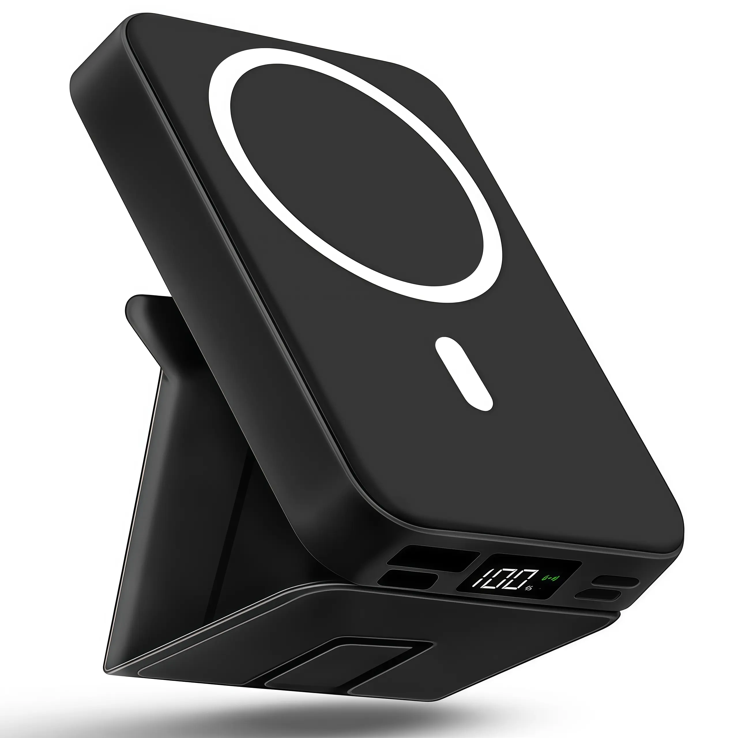 Magnetic Portable Charger 10000mAh High Capacity Battery Power Bank, Foldable Compact Silicone Black Fast Charger with USB-C Cable, LED Display for iPhone17/16/15/14/13/12/Pro/Pro Max Series