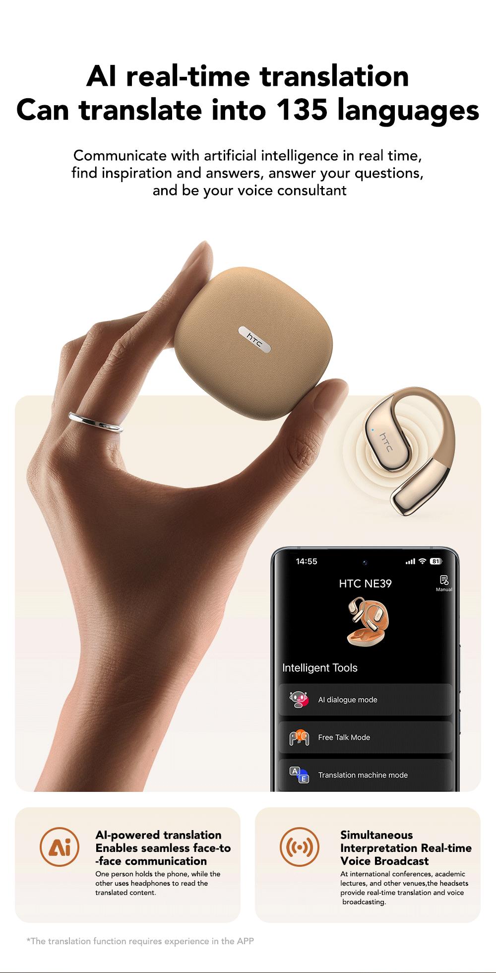 HTC NE39 OWS -Translator Headset Bluetooth Headset(6.0)|PX5 Waterproof Built-in Microphone Comfortable towear, great sound quality, and backed by a three-monthwarranty! Perfect for work, sports, study, and voice calls.