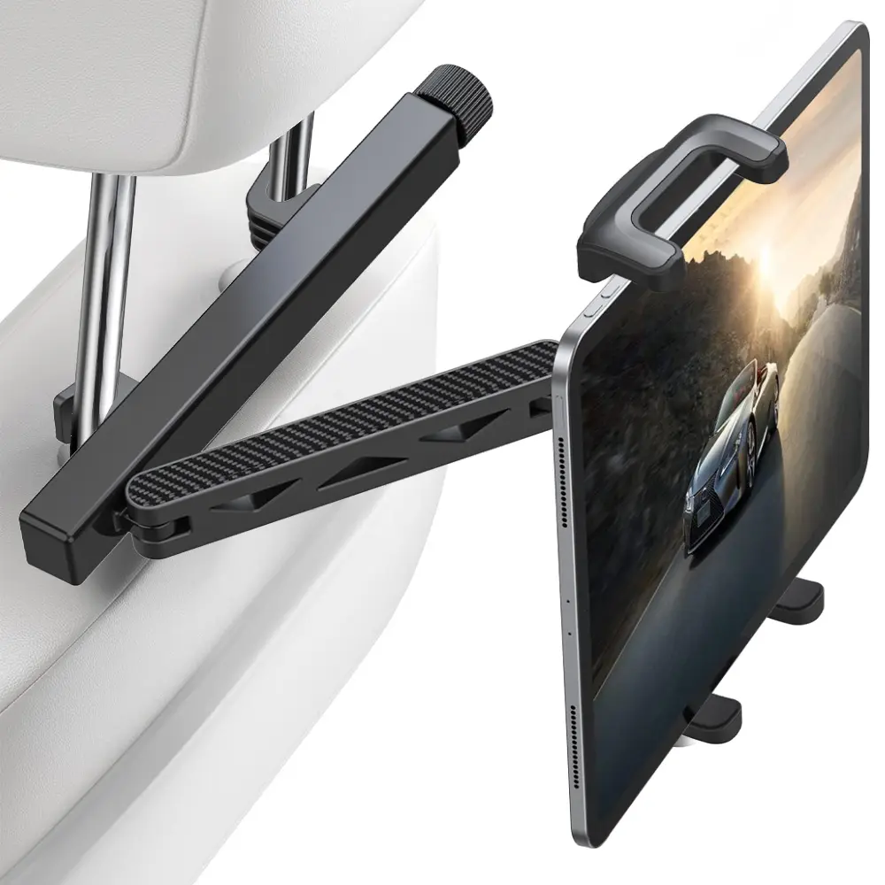 Car Headrest Phone & Tablet Holder, 360° Rotating Extension Arm, Clamp to Headrest Posts, Fits 4-9‑ Inch Devices (iPad, iPhone) for Gaming, Watching Movies, Universal Automotive Interior Accessory
