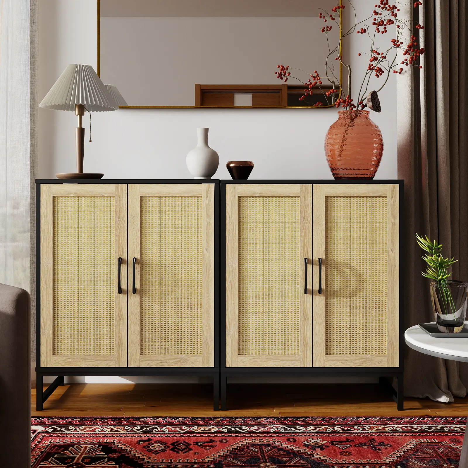 Storage Cabinet with 2 Rattan Doors, Room Decor Sideboard Buffet Cabinet with Adjustable Shelves, Multifunctional Console Table Rattan Credenza for Dining Room Living Room, Entryway, Versatile Design