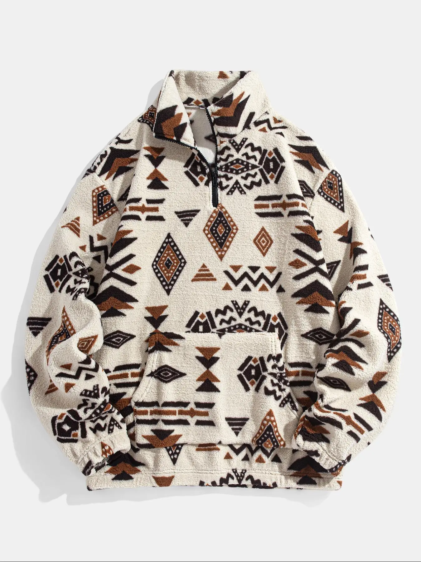 Men's Ethnic Pattern Zip Up Plush Casual Loose Sweatshirt, Casual Long Sleeve Pocket Collared Pullover for Winter, Fashion Men's Clothes for Daily Wear