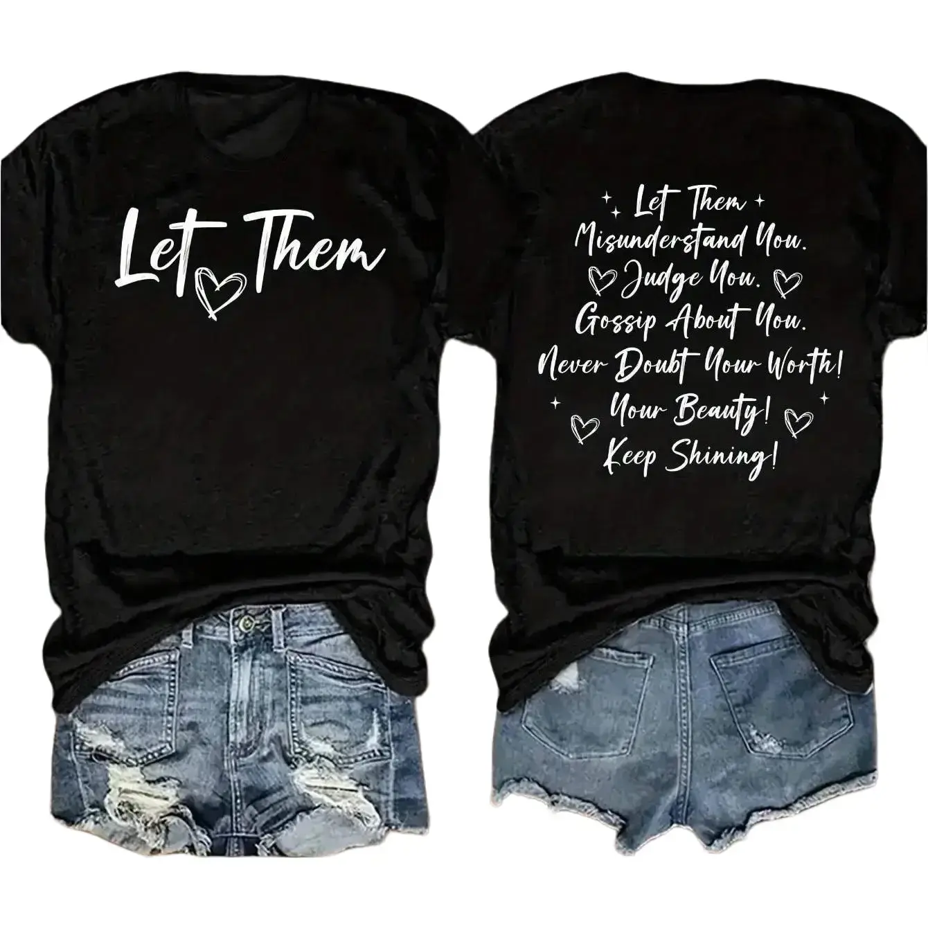 Women's Motivational Graphic Tee - Let Them Hold You Quote, Black Short Sleeve Crew Neck Tee, Double Sided Print, Perfect Gift for Spring and Summer, Casual Wear  Heartfelt Message Shirt  Coach Thank You Apparel,Street