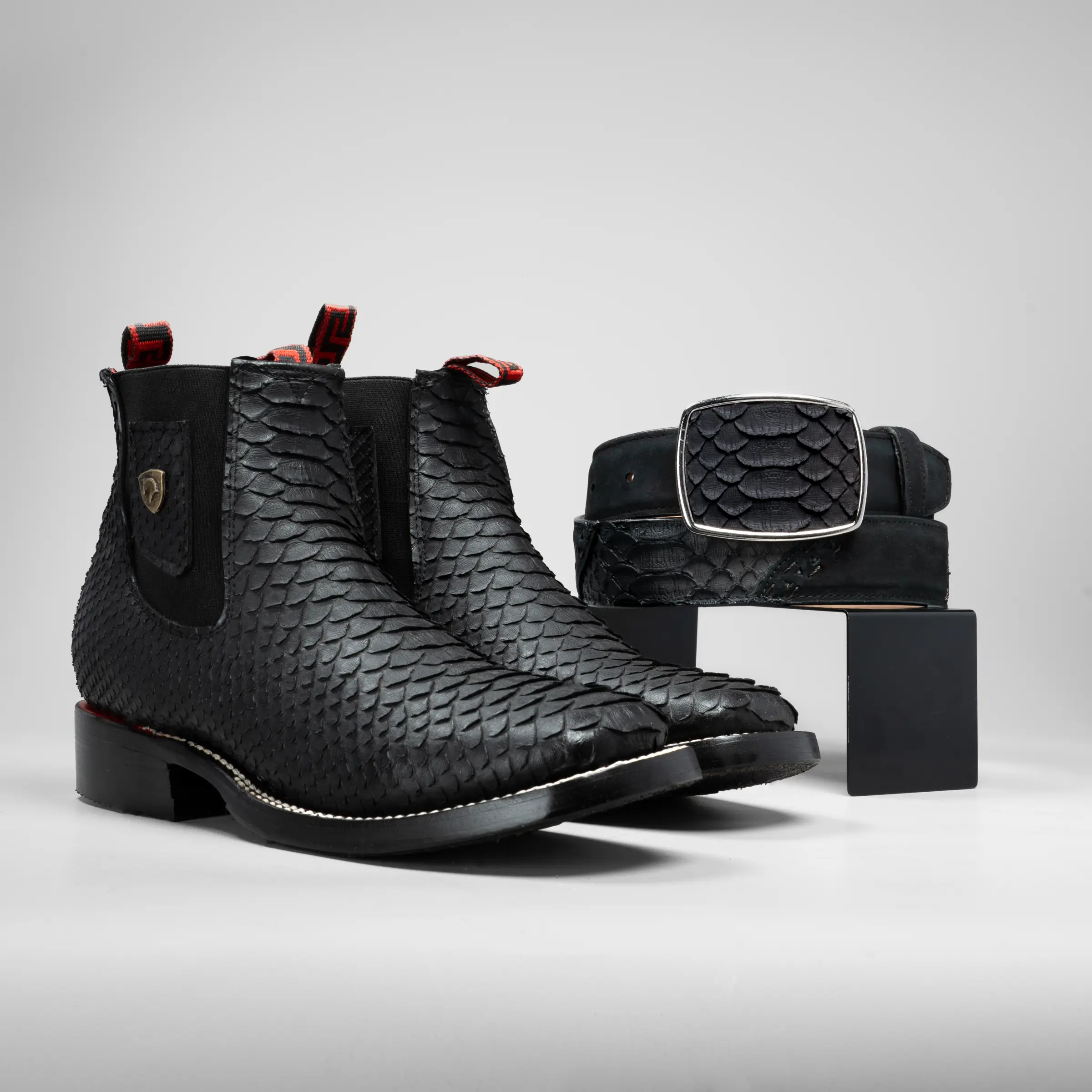 Cowboy Square Toe Imitation PYTHON Boot Premium Leather + Belt
