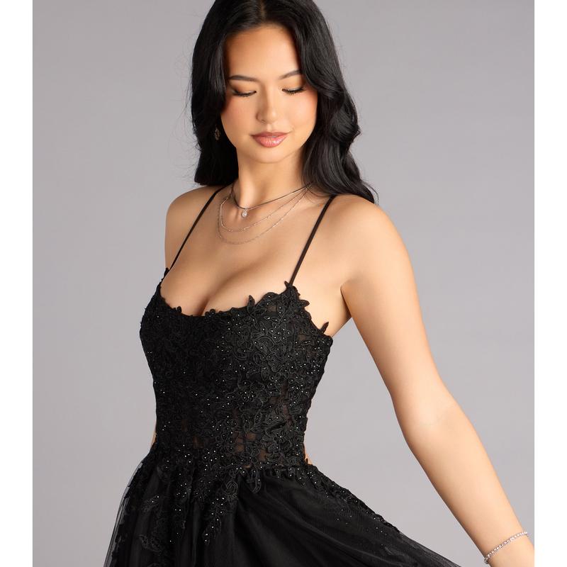 Caitlin Lace-Up Applique A-Line Formal Dress