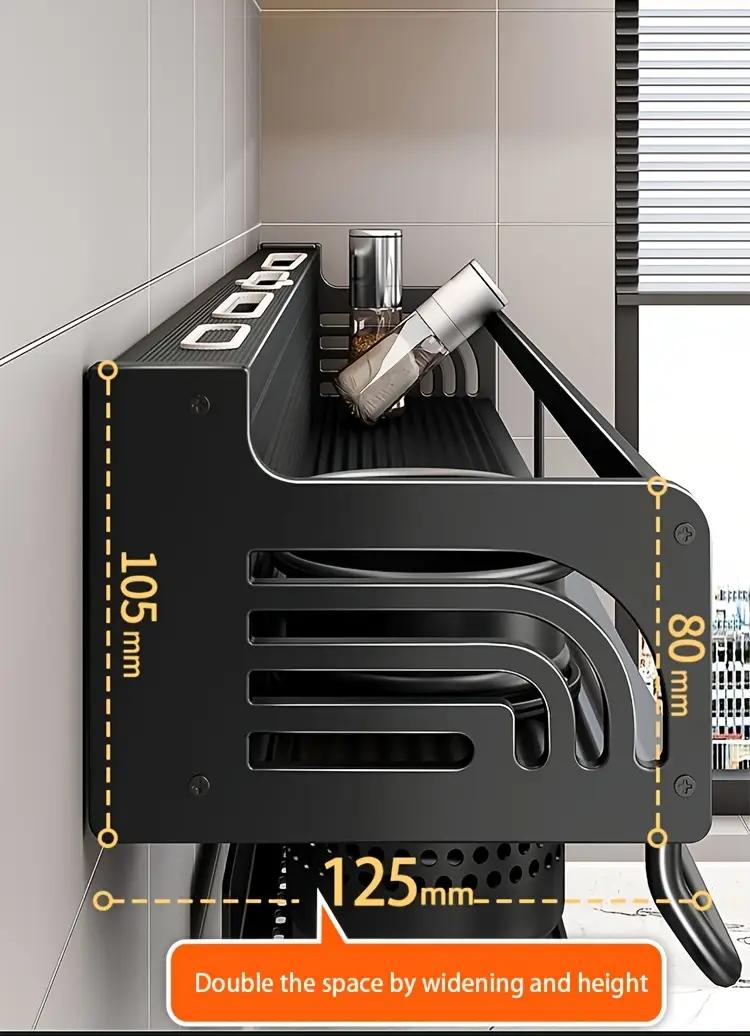 Bepatio Space Saving Wall-Mounted Kitchen Spice Rack – No-Drill Carbon Steel Shelf with Hooks for Utensils, Lids, and Seasoning Jars