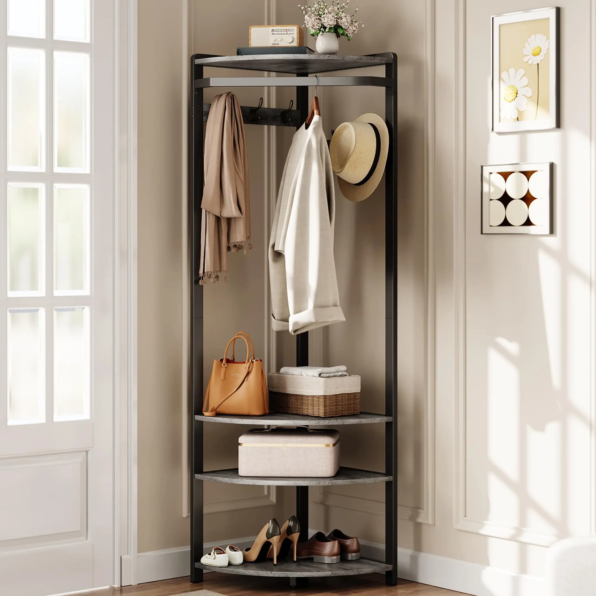 Corner Coat Rack with Shoe Bench Entryway, Corner Hall Tree with 6 Double Hooks, Corner Clothes Rack with Storage Corner Tree for Hallway,Closet,Gray Coat Racks Organiser Wooden Coat Rack