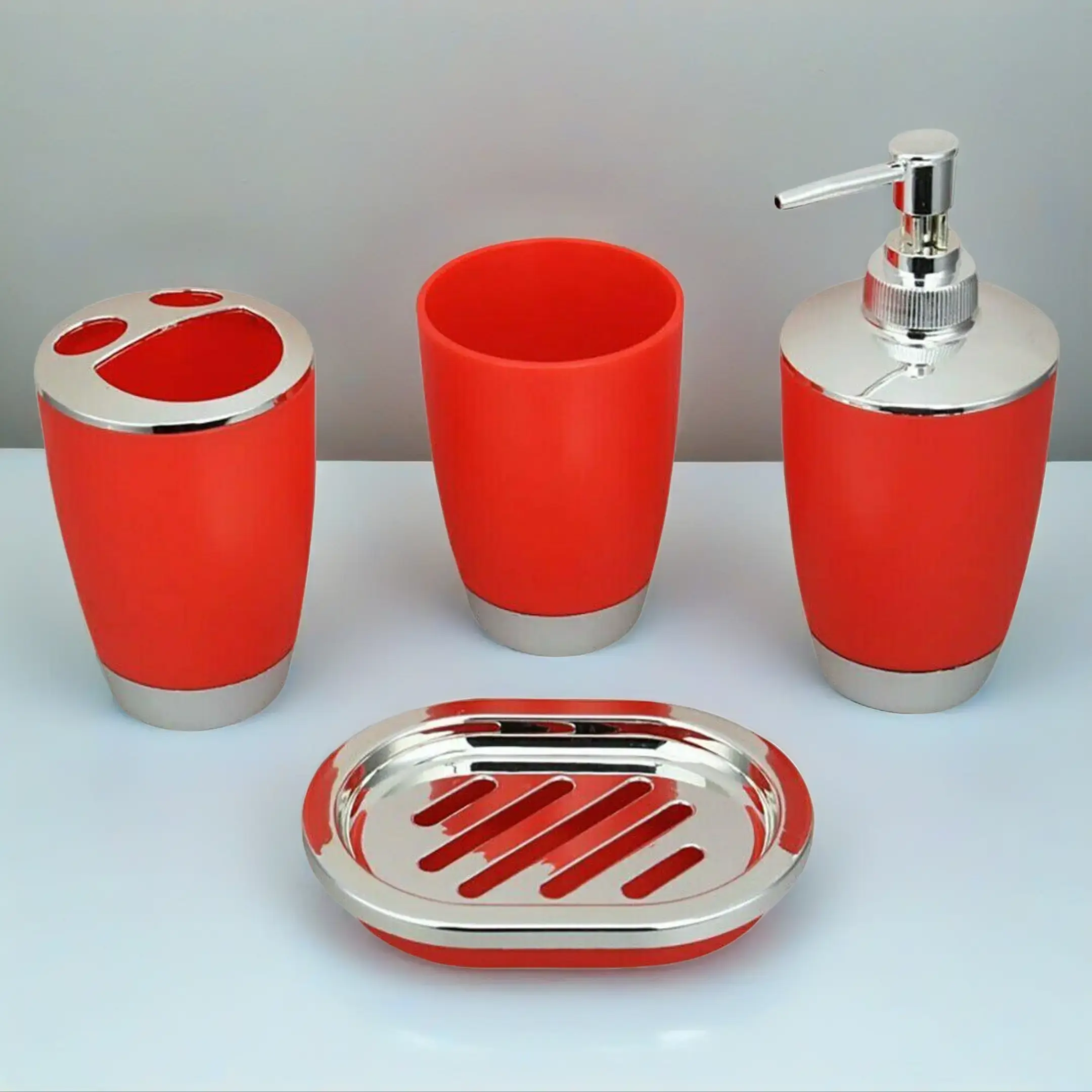 Watson Four Piece Modern Red and Silver Durable Freestanding Acrylic Bathroom Accessory Set - Home Bathroom Supplies with Soap Dish, Toothbrush Holder, Keeping Space Organized, Four-Piece