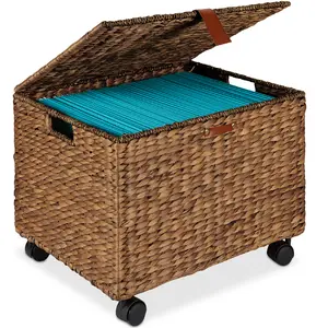 Best Choice Products Hyacinth Rolling Filing Cabinet Mobile Organizer Storage Basket w/ Lid, Locking Wheels