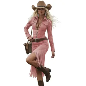 Women's Vintage Western Zipper Fringe Dress  - Slim Fit Long Sleeve Collar Dress with Fringe Hem No Belt Included Solid Color for Casual Outfits Parties & Daily Wear Retro Outfit - Elegant Polyester Knit Fabric