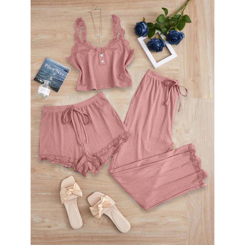 Women's Sleepwear Set, Three-Piece Round Neck Lace Trim Pajamas, Soft Breathable Comfort Casual Home Wear, Tank Top Shorts Long Pants