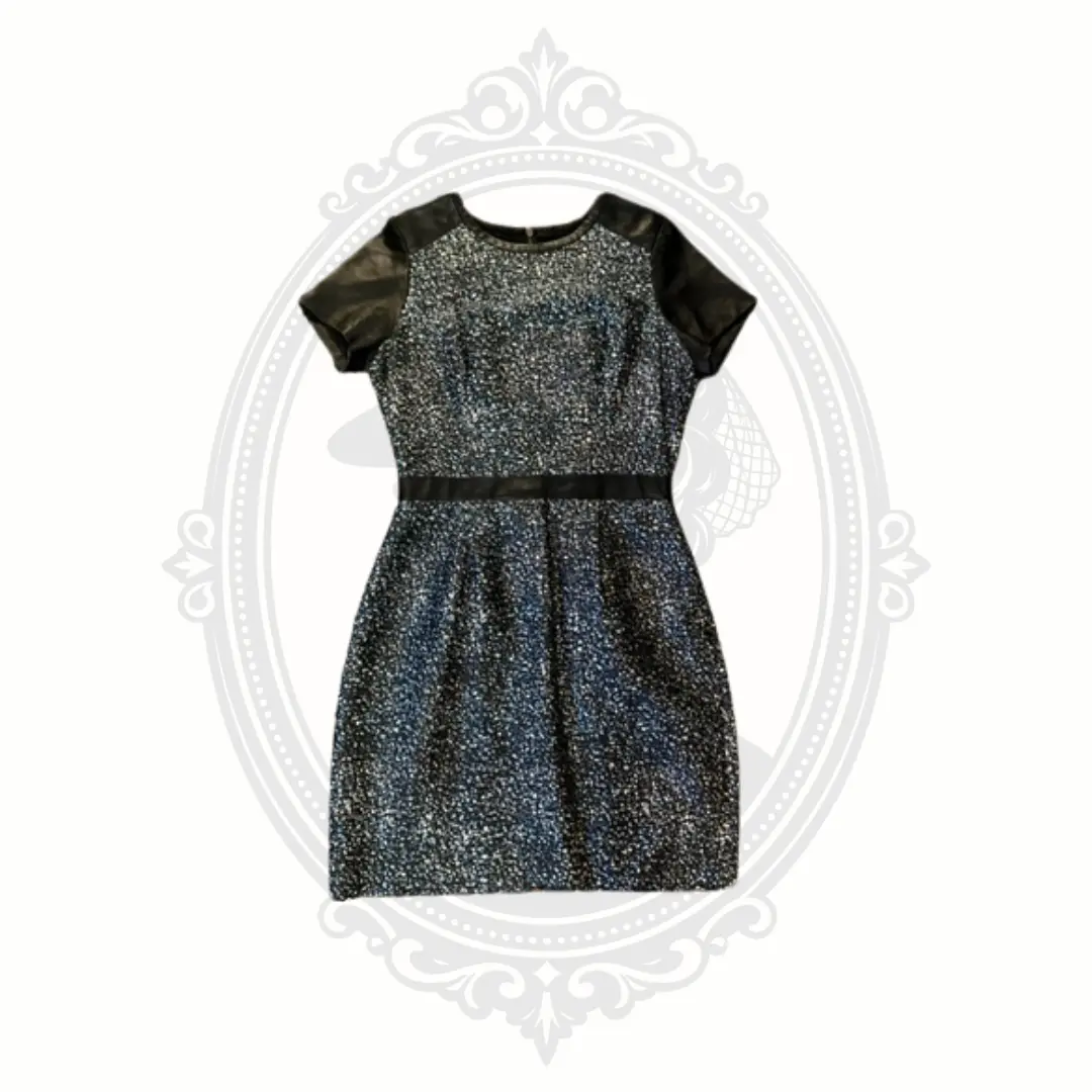 Club Monaco Silk Blend Tweed Dress Size 4 Black Silver Faux Leather