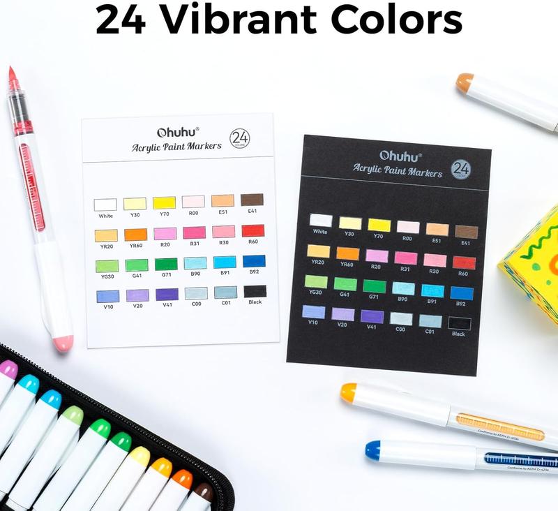 Ohuhu Acrylic Brush Tip Paint Markers 24 Pack/ 48 pack Vibrant Colors with Flexible Brush Tips High-Opacity Waterproof Lightfast Pens for Rock Wood Glass & More
