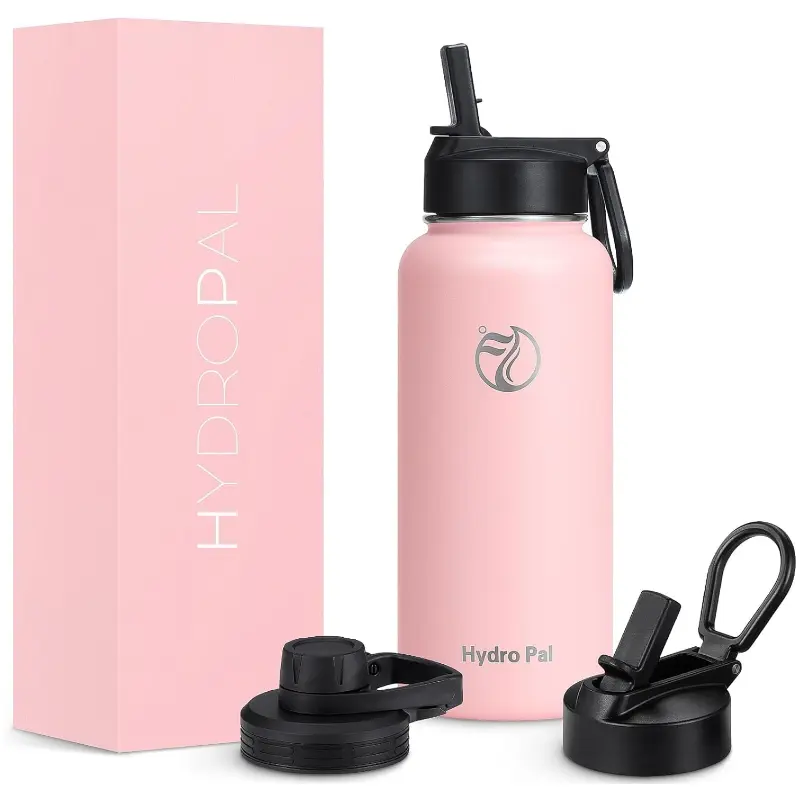 HydroPal 32oz Detachable Travel Insulated Stainless Steel Water Bottle - Double-Walled Wide Mouth, Powder Coated, 2 Lids (Straw & Spout), Flip Top, BPA-Free 18/8 Steel for Clean Sips, Plastic Components, Hand Wash Only Hot & Cold Flask, Containers, Printe