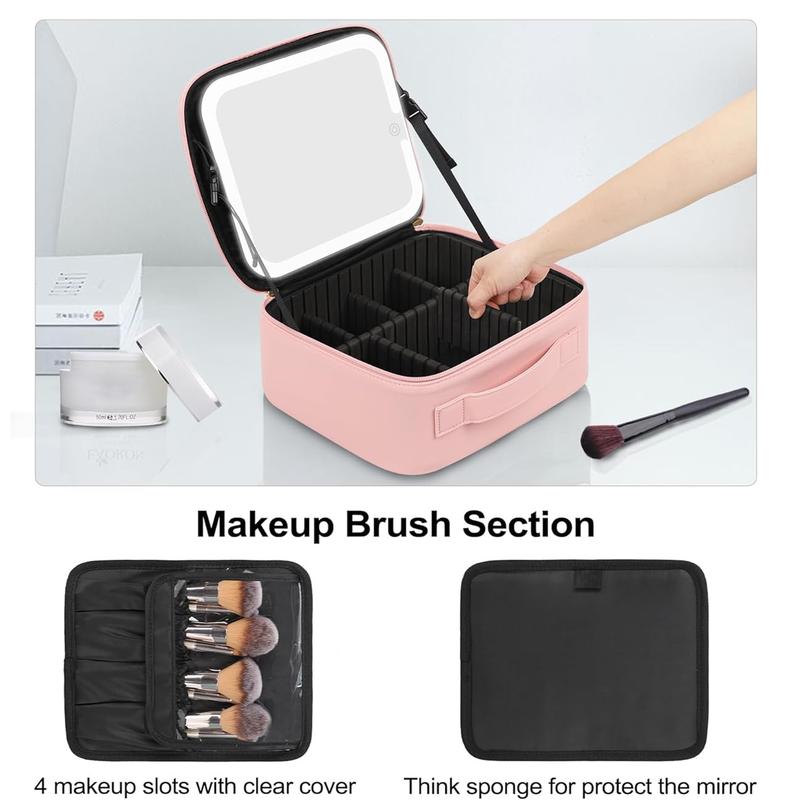 Smart LED Makeup Bag with Mirror - 3 Color Lights Waterproof PU Leather, Detachable Compartments, Travel Compact Case Smart LED Makeup Bag with Mirror - 3 Color Lights Waterproof PU Leather, Detachable Compartments, Travel Compact Case
