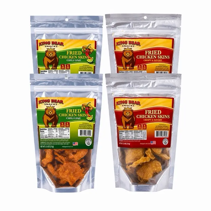 King Bear Snacks Fried Chicken Skins NOW 2.5 oz Pack Made in the USA | 4 PACK BUNDLE (2 Original/ 2 Chili Lime)