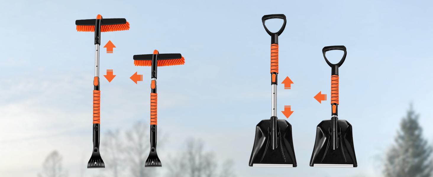 Odoland Ice Scraper with Snow Brush and Snow Shovel, 35" Extendable Snow Remover with Foam Grip, 360° Pivoting Brush Head for Car Windshield, Emergency Snow Scraper for SUV Truck Vehicle, Orange