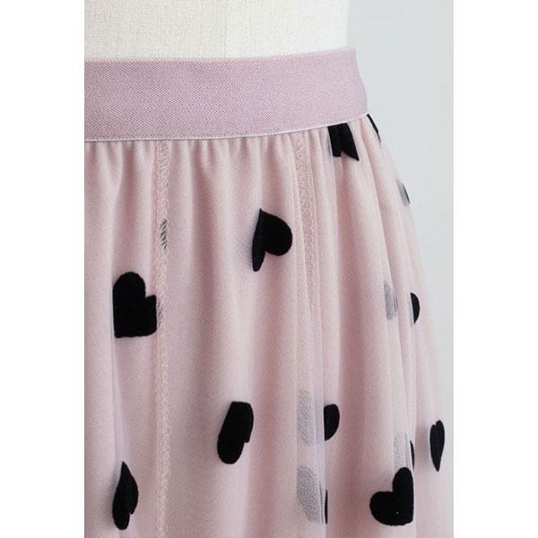 3D Heart Double-Layered Mesh Maxi Skirt – Flowy Tulle with Heart Details, Velvet Trim, Ethereal Silhouette, Elastic Waist, Perfect for Date Night, Parties & Special Occasions, Evening Wear