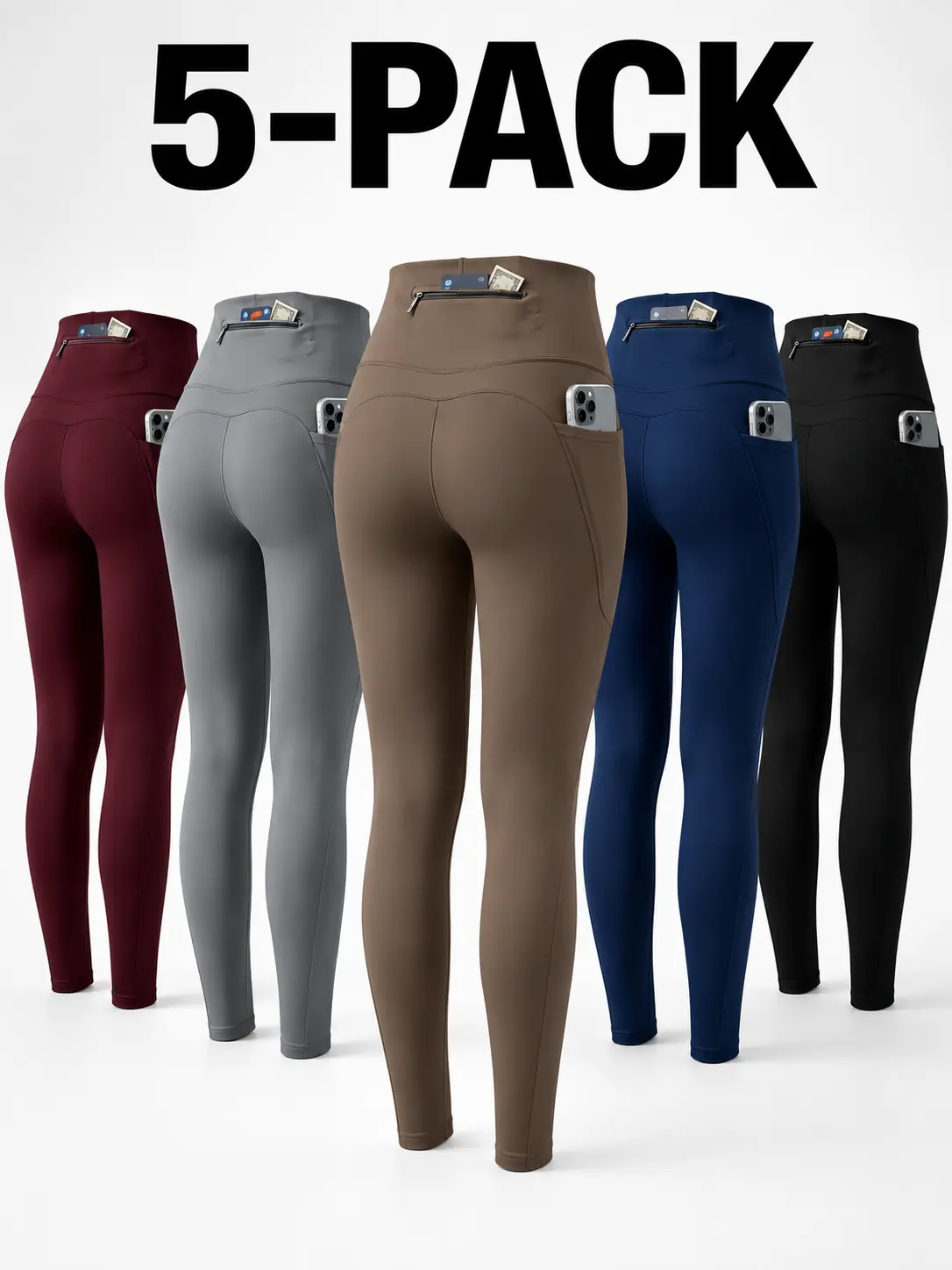 Women's 5-Pack High Waist Leggings - High Waist Sportswear, Women's Clothes, Athleisure Wear with Zipper Pockets, Non-See-Through, Quick-Dry, Moisture-Wicking for Yoga, Running, Body Goals, Sporty Chic