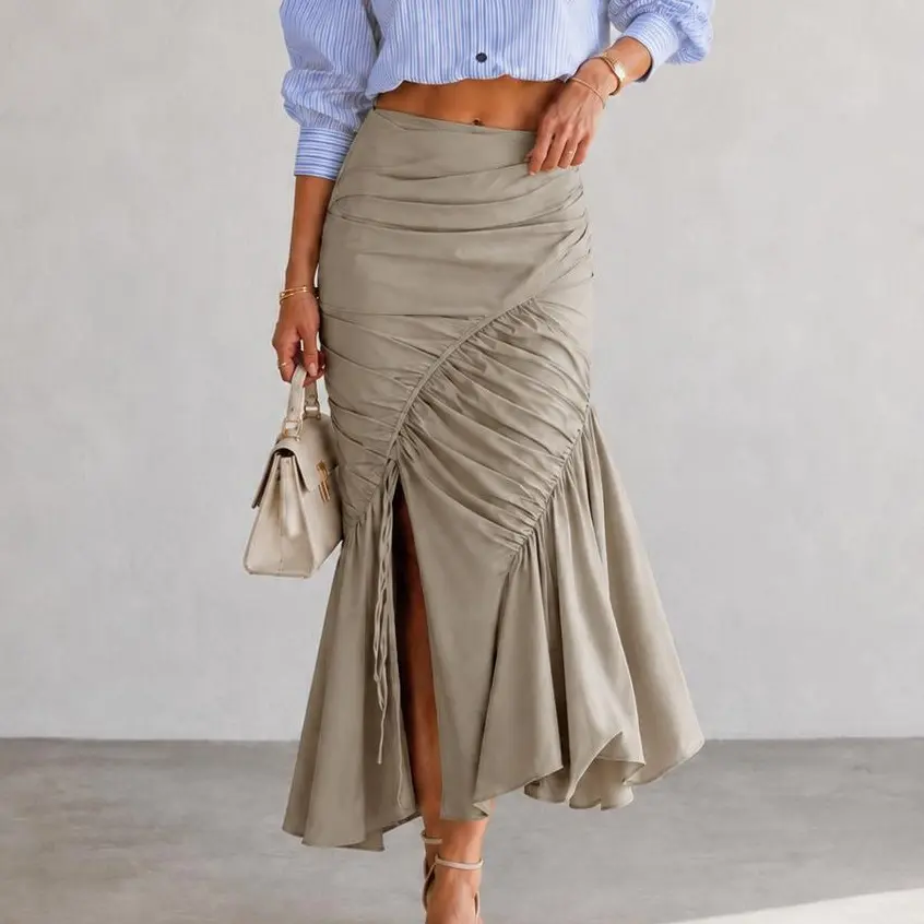 URBAN REVIVO Skirt for Women, Pleated Cotton Mermaid Style for Casual Spring Elegance, Fitted Mid-Length with High Slit, Belt, and Zipper, Invisible Zipper, Bf, Elegant, Fashion Apparel, Clothes For Women