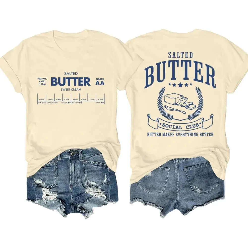 Women's V-Neck Printed Graphic Tshirt - Salted Butter Funny Baker Top, 100% Cotton Lightweight Flat Style Garments, Casual Short-Sleeve Clothes, Standard Size, Machine Washable, Hang Dry