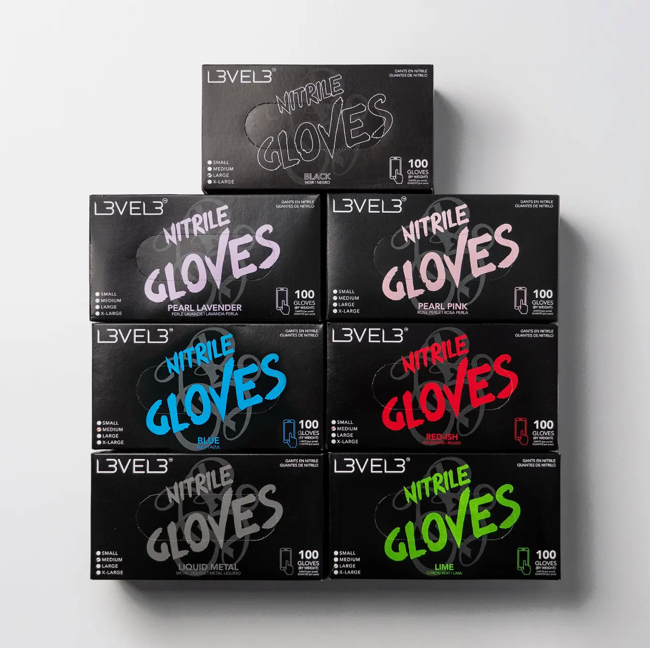 L3VEL3 Nitrile Gloves Bundle - 7 Pack Assorted Colors, Soft Synthetic Rubber, Great-Value Protection, Latex-Free, Powder-Free, Touchscreen Compatible, Ideal for Barber Shops, Home Use, Cleaning, Food Prep