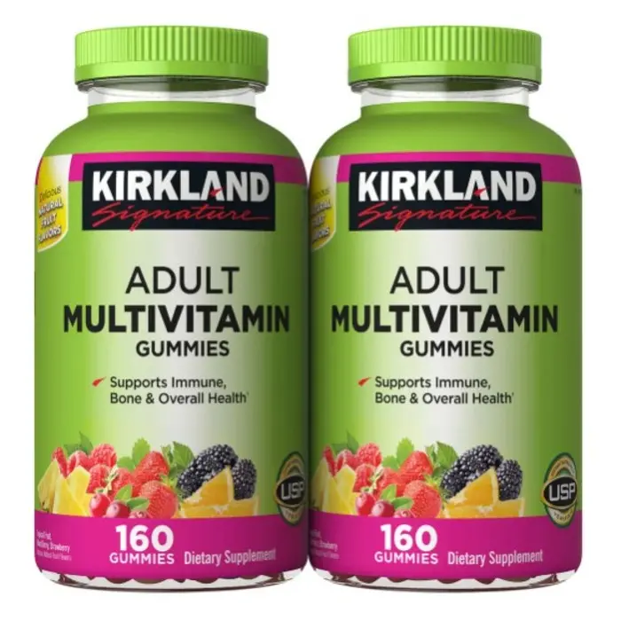 Kirkland Signature Chewable Adult Multivitamin Gummies, 320 Count (2 Bottles of 160 Each), Natural Fruit Flavors (Mixed Berry, Tropical, Strawberry), 10 Essential Vitamins, USP Certified
