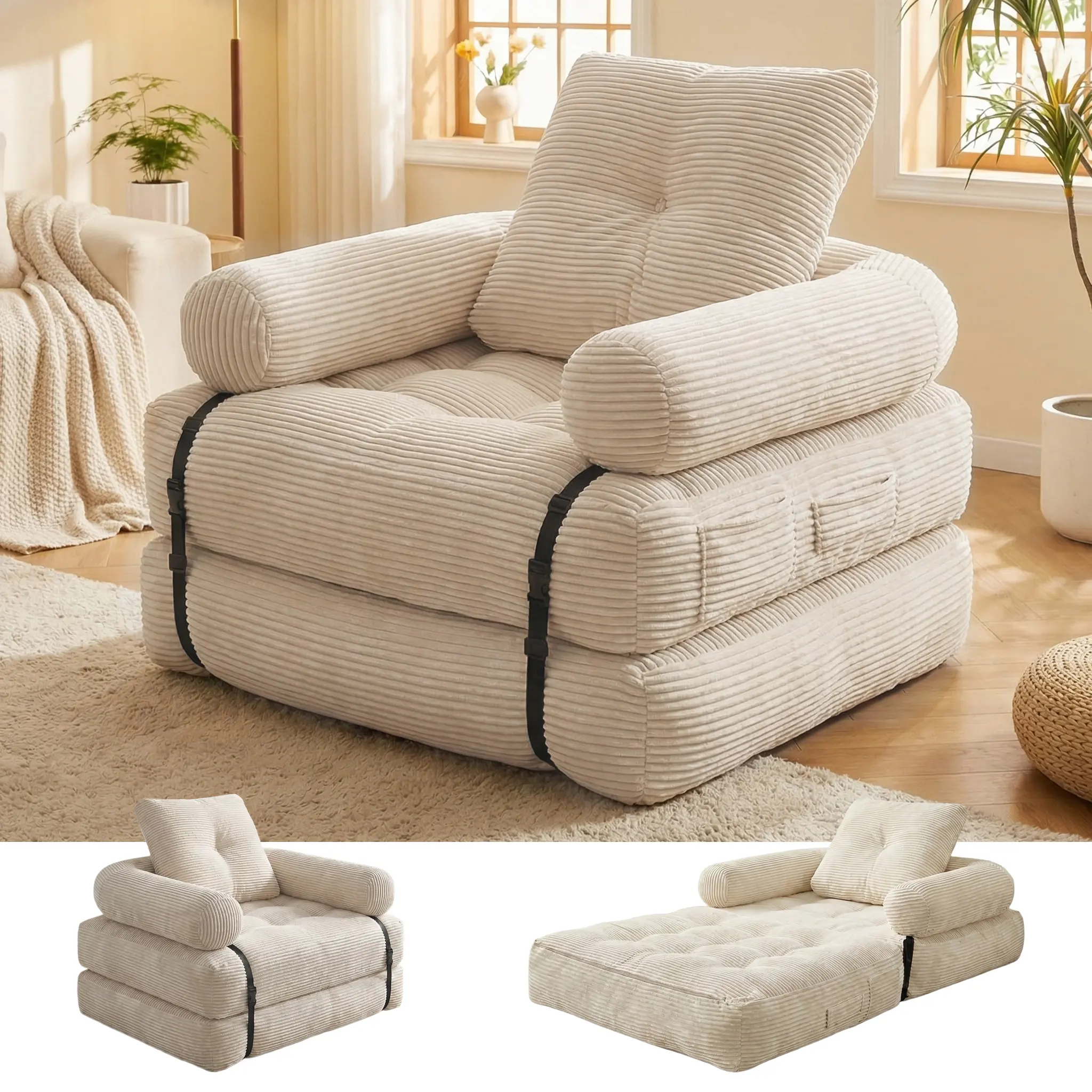 Oversized Corduroy Convertible Chaise Lounge Chair, 3-in-1 Folding Sleeper Sofa Bed for Living Room