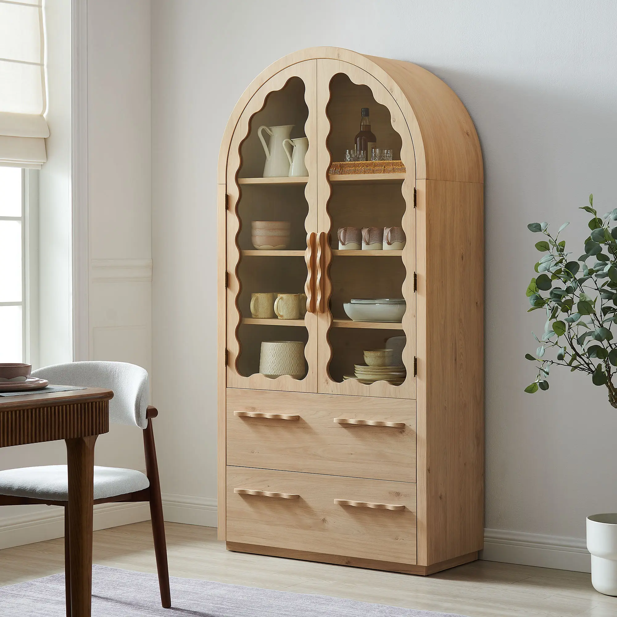 Rory 76 Inch Arched Kitchen Pantry Cabinet in Light Oak