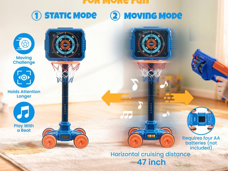 Joycat Sport Toys, 2-in-1 Shooting & Basketball Toy for Kids, Adjustable Height Auto-Moving Shooting Target with Music, Outdoor Indoor Game Compatible with Nerf Gun for Kids, Birthday Chrisrmas Gifts for Boys